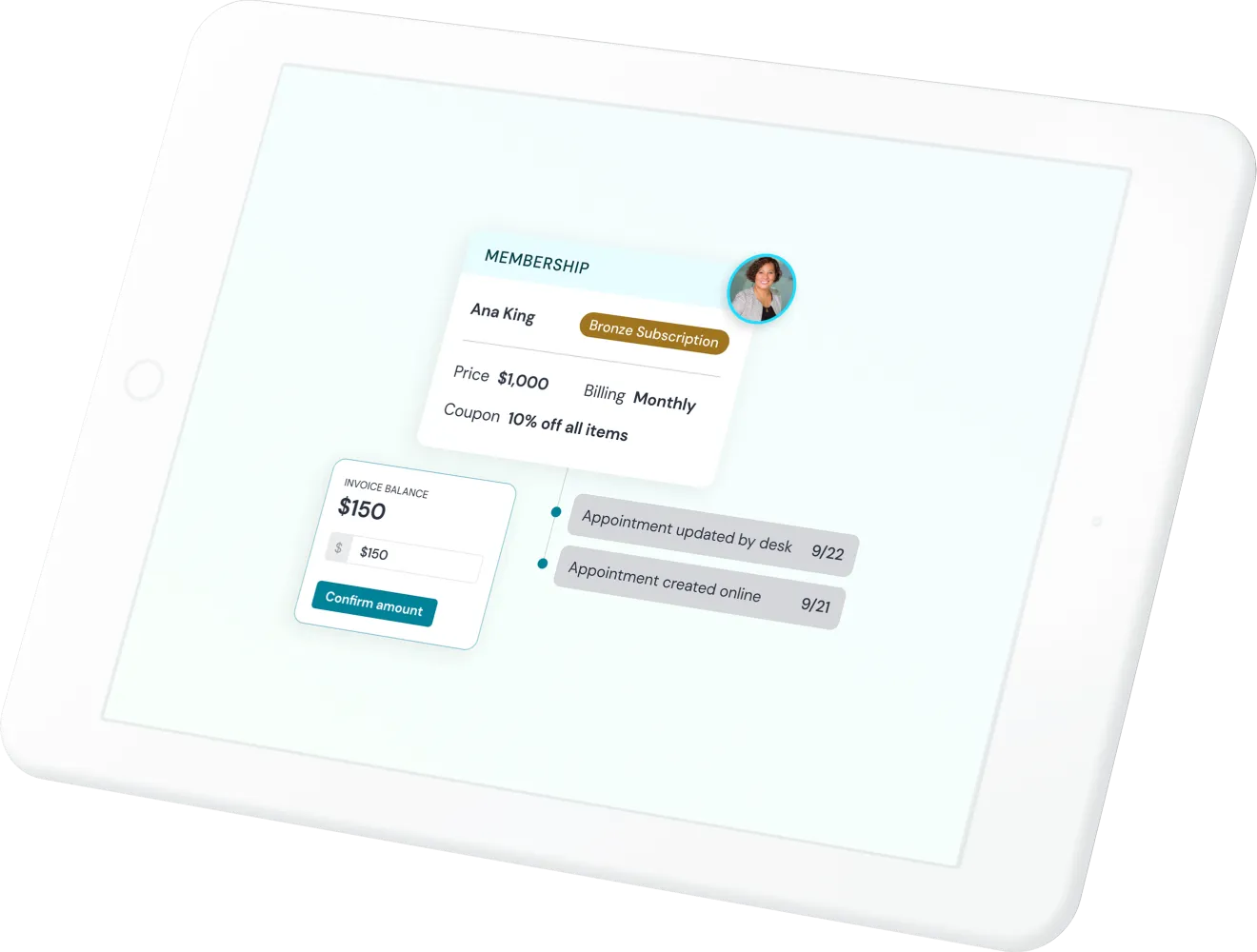 Prospyr membership workflow illustration showing a recurring plan and patient balance